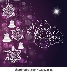 Christmas background with bells, snowflakes and hand made letters. Vector illustration