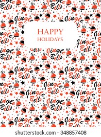 Christmas background with bells, stars and Jingle Bells lettering. Hand drawn design for winter holidays. Seamless pattern is masked.