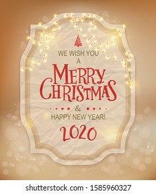 Christmas background with big signboard and luminous garlands. Merry Christmas and Happy New Year! Vector illustration.