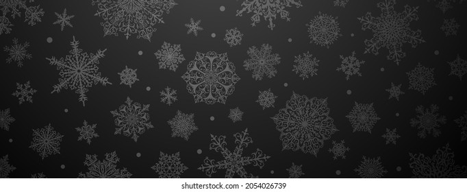 Christmas background of big and small complex snowflakes in black colors