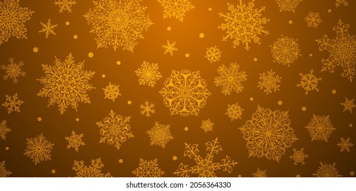 Christmas background of big and small complex snowflakes in golden colors