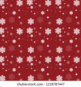 Christmas background of big and small snowflakes, white on red,texture.