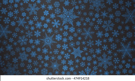 Christmas background of big and small snowflakes in dark blue colors