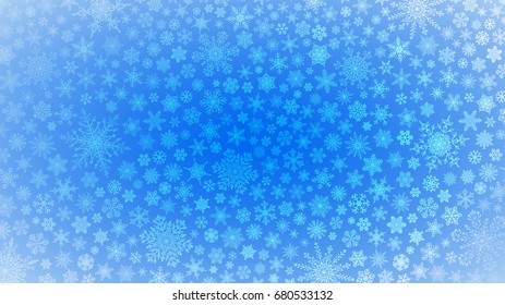 Christmas background of big and small snowflakes in light blue colors