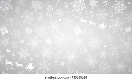 Christmas background of big and small snowflakes and various Xmas symbols, white on gray