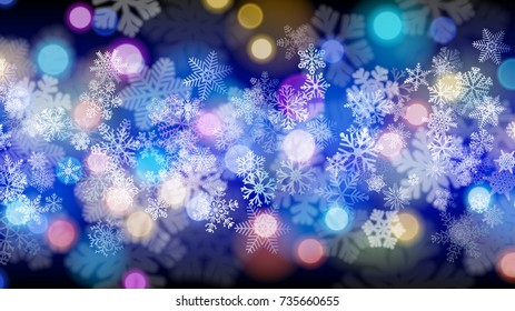 Christmas background of big and small snowflakes with bokeh effect, in dark blue colors