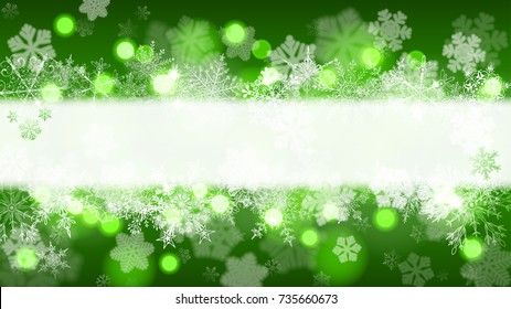 Christmas background of big and small snowflakes with a white horizontal centre stripe for inscriptions, in green colors