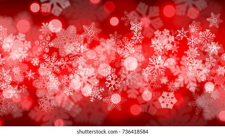 Christmas background of big and small snowflakes with bokeh effect, in red colors