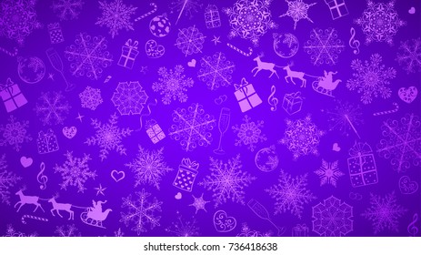 Christmas background of big and small snowflakes and various Xmas symbols, white on purple