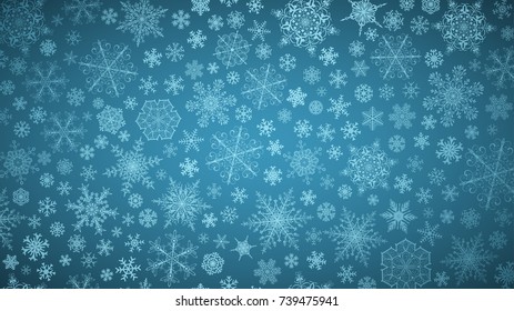 Christmas background of big and small snowflakes, white on light blue