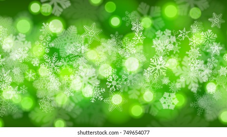 Christmas background of big and small snowflakes with bokeh effect, in green colors