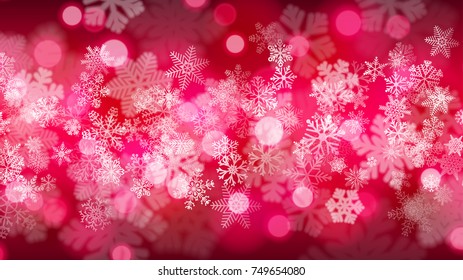 Christmas background of big and small snowflakes with bokeh effect, in crimson colors