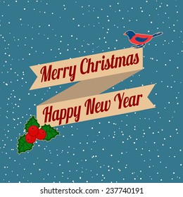 Christmas background with bird and holly leafs on blue, vector illustration