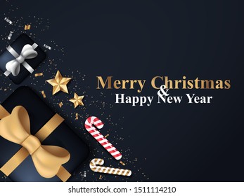 Christmas Background in Black Color with Girf Box, Gold Star and Candy Ornament