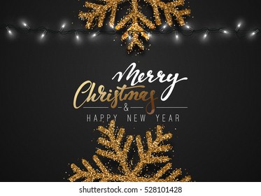 Christmas background black color with realistic garlands and beautiful snowflakes. Xmas Holiday. Merry Christmas. and Happy New Year