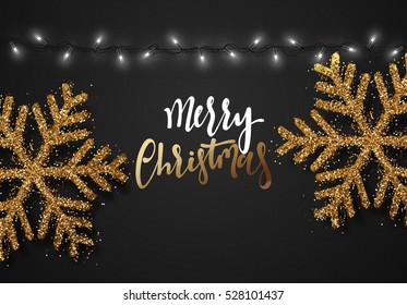 Christmas background black color with realistic garlands and beautiful snowflakes. Xmas Holiday. Merry Christmas. and Happy New Year