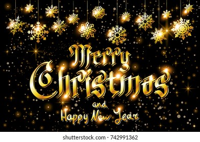 Christmas background black color with realistic garlands and beautiful snowflakes. Xmas Holiday. Merry Christmas. and Happy New Year art
