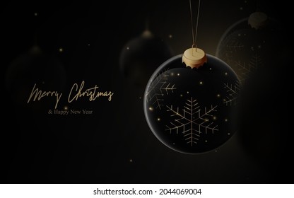 Christmas background. Black and gold luxury Christmas balls hanging on dark background. Vector illustration