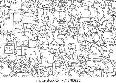 Christmas background. Black and white outlined coloring page. Hand drawn cartoon style doodle vector illustration.