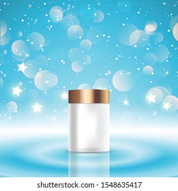 Christmas background with a blank cosmetic bottle on a bokeh lights design