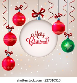 Christmas background with blank paper cut ball and red ornaments