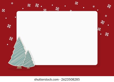 Christmas background with blank white rectangle frame, red backdrop, snowflakes, and two hand-drawn stylized fir trees. Winter holiday card template or greeting mockup Copy space for greeting text