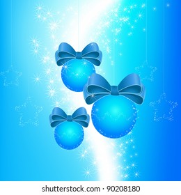 Christmas background with blue ball and bow. Vector illustration