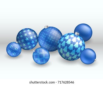 Christmas background with blue balls with dots, stars, snowflakes for xmas and New Year design. Glowing baubles. Vector illustration, card template