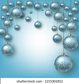 Christmas background with Blue christmas balls and snow for xmas design. Vector illustration.