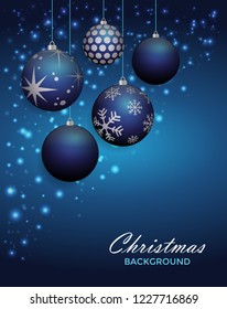 Christmas background with blue balls and snow. Blue christmas balls background