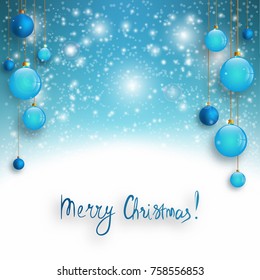 Christmas background with Blue christmas balls and snow for xmas design. New Year background. Vector illustration.