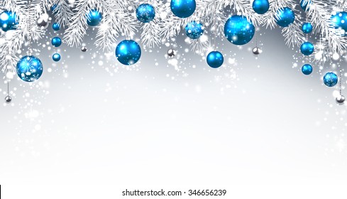 Christmas background with blue balls. Vector paper illustration.