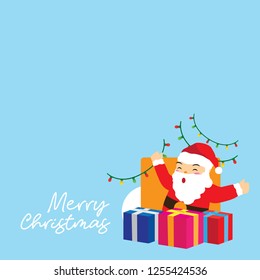 Christmas background with blue colour, christmas ornament, santa claus, present and leaf vector illustration for flyer, greeting card, banner, etc.