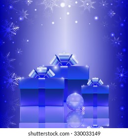 Christmas background with blue gift box, mirror reflection, vector