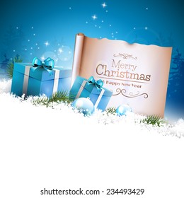 Christmas background with blue gift boxes and old paper in the snow and with empty space for your text