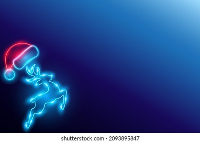 Christmas background, blue neon reindeer with santa hat, vector illustration.