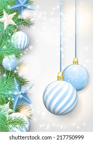Christmas background with blue ornaments and branches, vector illustration eps 10 with transparency and gradient meshes