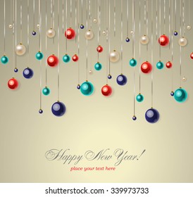 Christmas background with blue and red balls. Vector illustration.