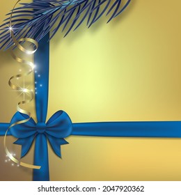 Christmas background with blue ribbon and bow.