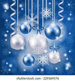 Christmas background in blue and silver on snowflakes background. Vector eps 10