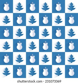 Christmas background. Blue Christmas trees with white Christmas balls. Abstract seamless pattern. Vector illustration.