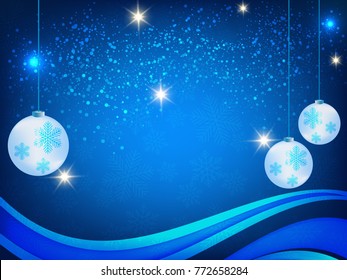 Christmas background with blue and white snowflakes and snow ball in various styles. Abstract Vector Illustration.