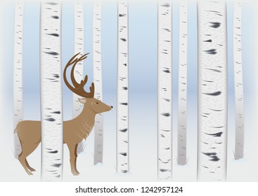Christmas background with blurred edges. deer walks between the birches. trees in snow. greeting card, poster design and advertising. happy New Year