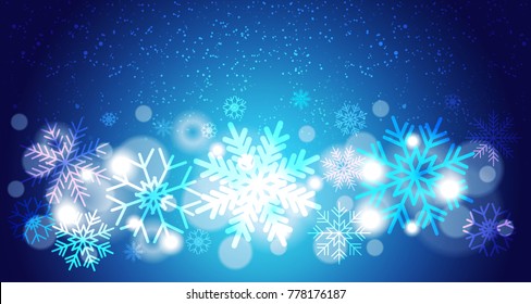크리스마스 배경 보크 밝은 눈송이가 파랑, 겨울 휴일 장식 개념 벡터 삽화 위에 떨어짐 스톡 벡터