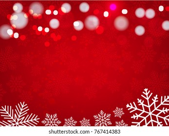 Christmas background, Bokeh snowflakes , red background
