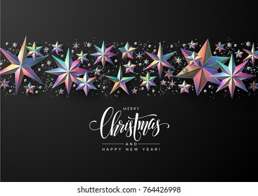 Christmas Background with Border of Holographic Stars, Beads and Glitter