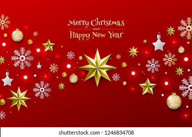 Christmas Background with Border made of Cutout Gold Foil Stars and Silver Snowflakes. Chic Xmas Greeting Card and Happy New Year design. Vector illustrate.