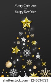 Christmas Background with Border made of Cutout Gold Foil Stars and Silver Snowflakes. Chic Xmas Greeting Card and Happy New Year design. Vector illustrate.
