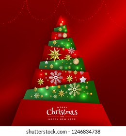 Christmas Background with Border made of Cutout Gold Foil Stars and Silver Snowflakes. Chic Xmas Greeting Card and Happy New Year design. Vector illustrate.