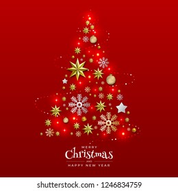 Christmas Background with Border made of Cutout Gold Foil Stars and Silver Snowflakes. Chic Xmas Greeting Card and Happy New Year design. Vector illustrate.